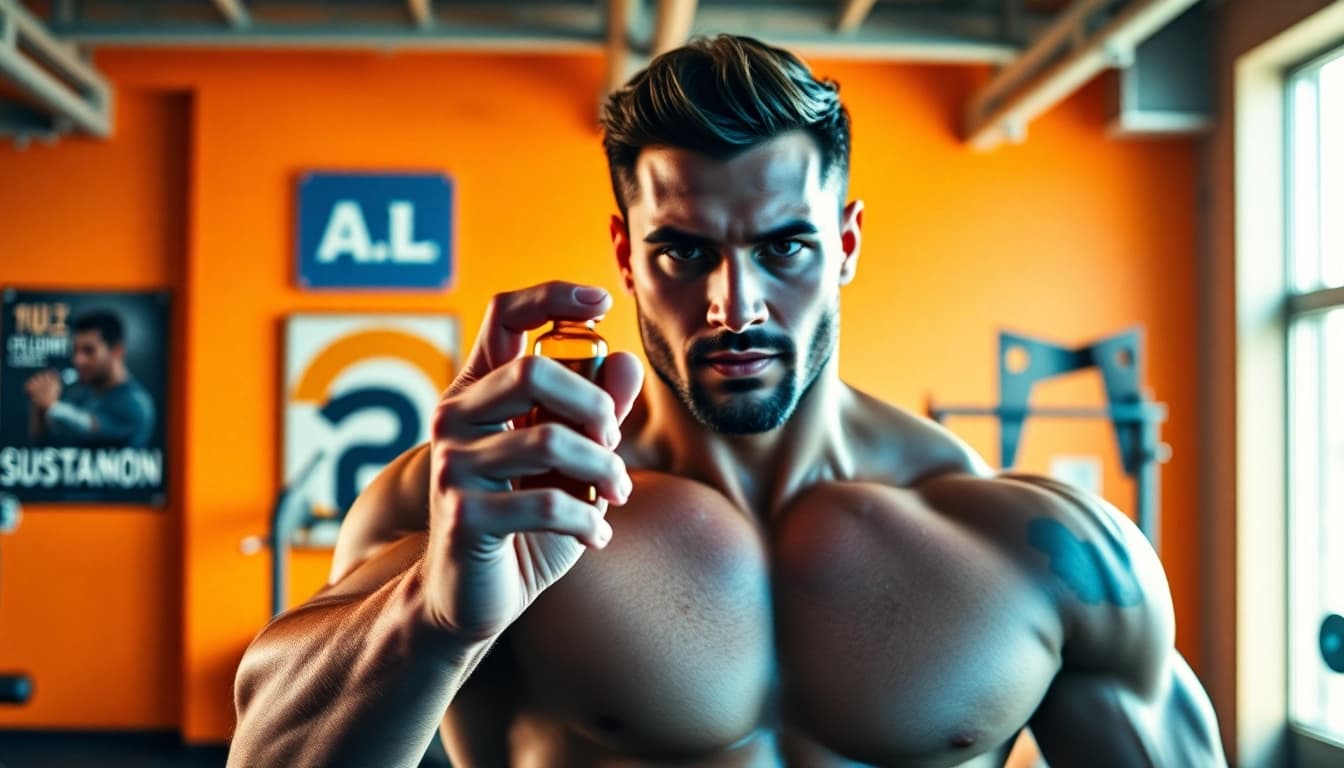 Aktiver Athlet zeigt sustanon kaufen in einem modernen Fitnessstudio mit motivierender Atmosphäre.