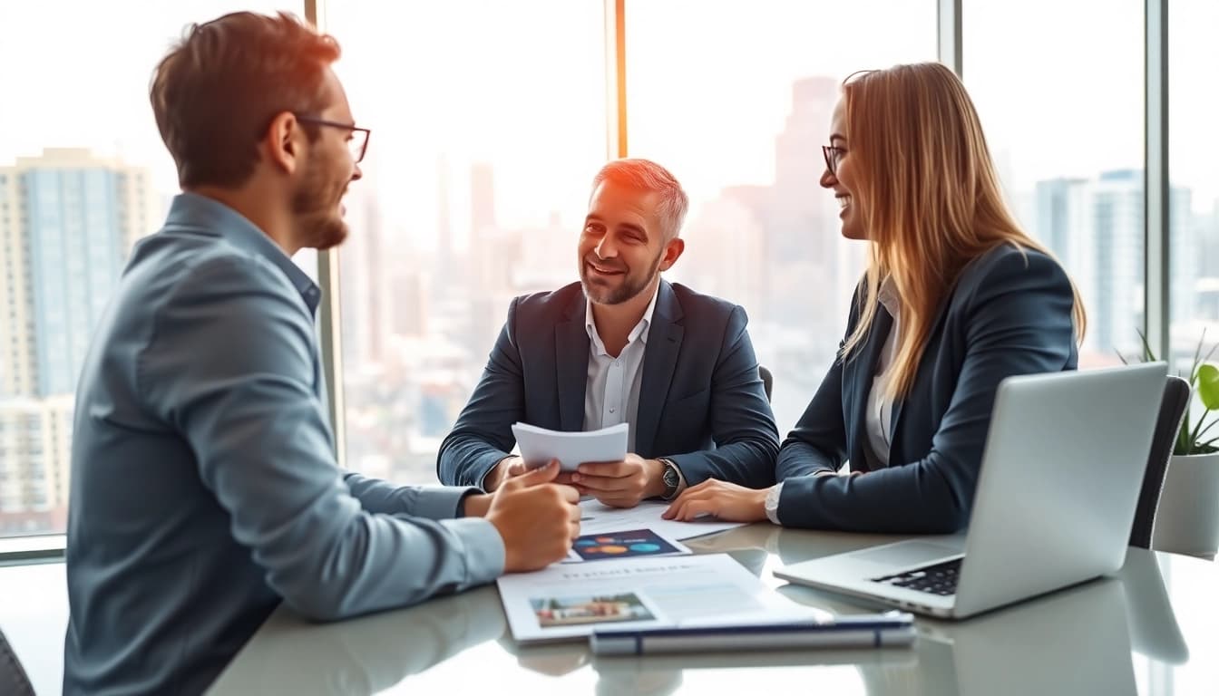 Immobilienmakler Frankfurt Sachsenhausen berät Kunden im modernen Büro über Immobilienoptionen.