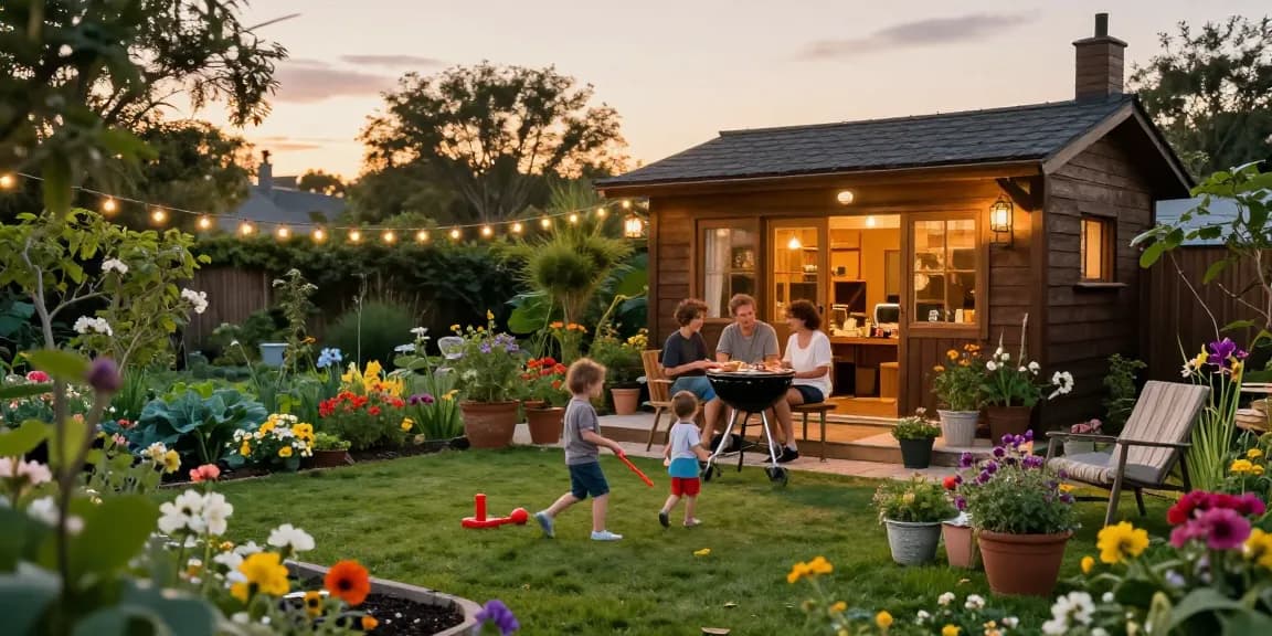 Gartenhäuser im Garten mit Familie beim Grillen und Spielplatzszene