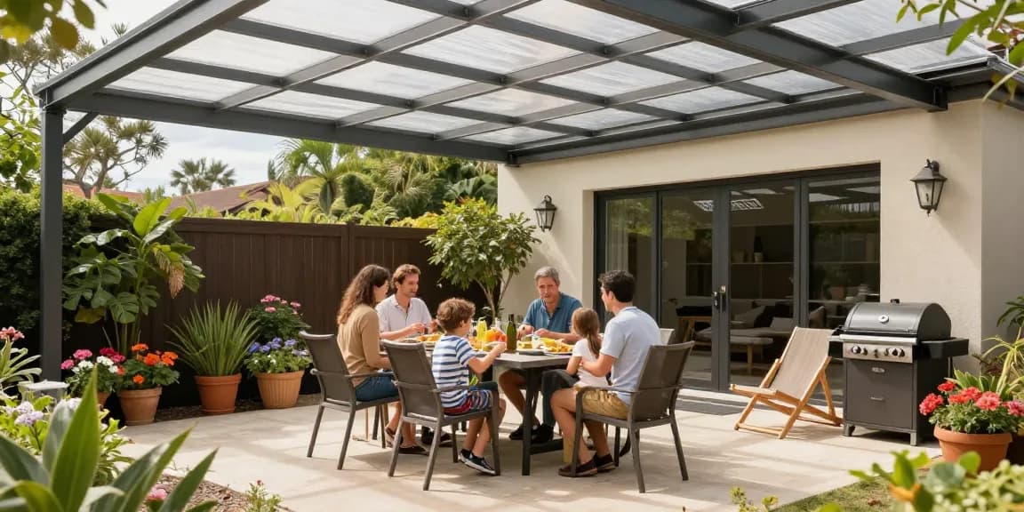Familie genießt unter einer Terrassenüberdachung entspannte Zeit im Garten.