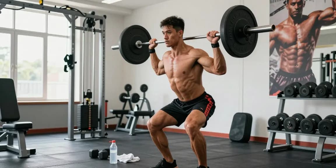 Fokussierter Athlet, der Gewichte in einem hellen Fitnessstudio hebt und die effektiven Muskelwachstumspräparate von Steroidshop präsentiert.