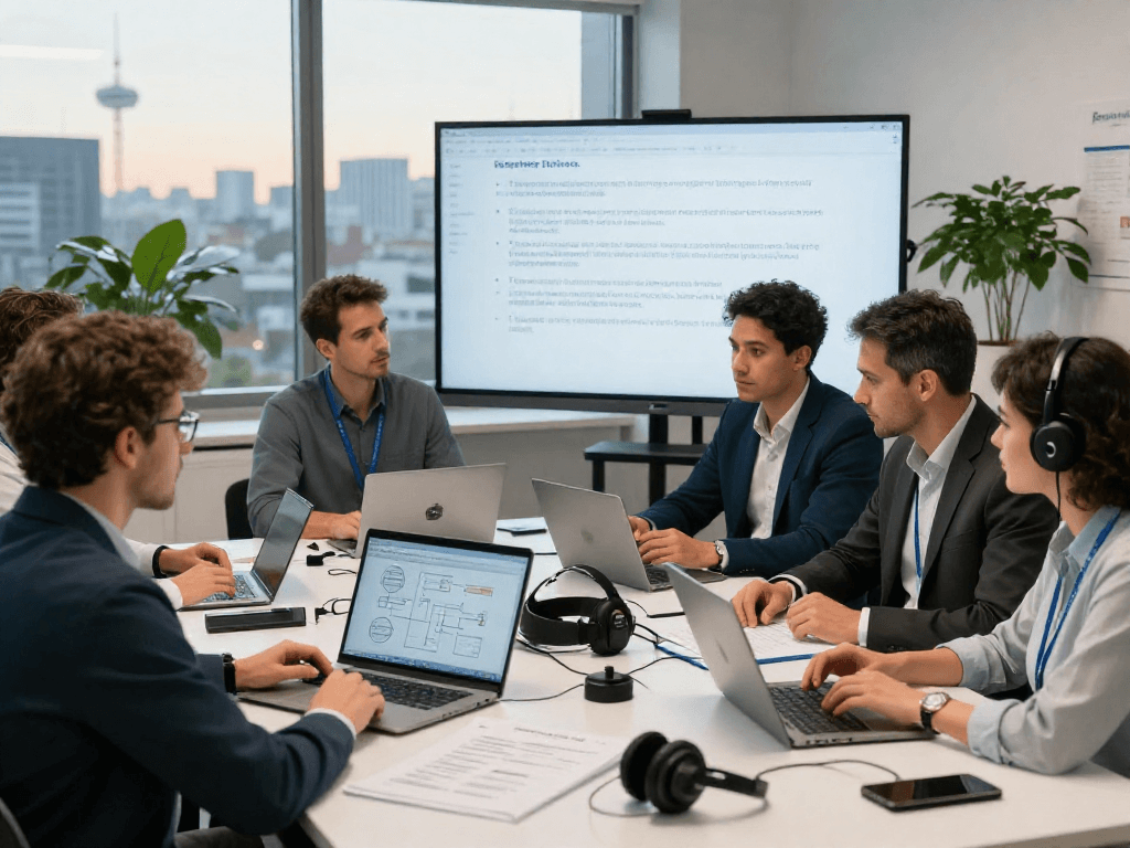 Vermessungsbüros und ÖbVI professionals collaborating on data protection strategies in a modern office.