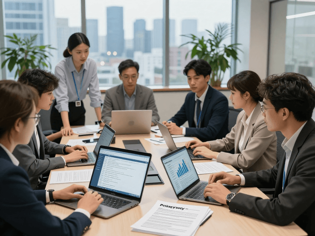 Vermessungsbüros und ÖbVI Berater im Meeting zur Datenschutzstrategie im modernen Büro.