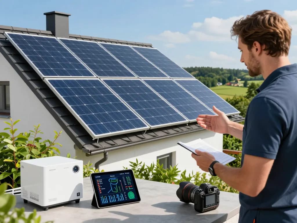 Photovoltaik Bayern - Hausbesitzer berät Techniker über die Installation von Solarpanels in Bayern.