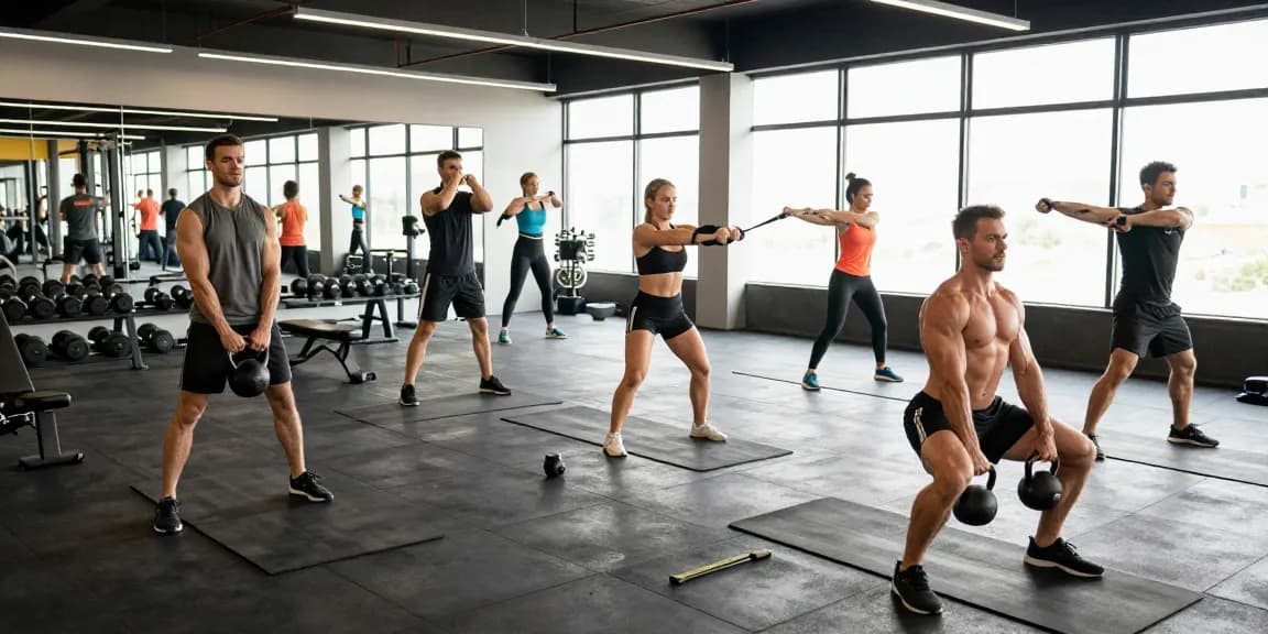 Aktive Trainingsszene im Selliza Shop mit sportlichen Athleten im modernen Fitnessstudio.