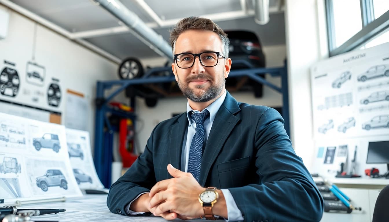 Kfz Sachverständiger Düsseldorf bewertet Fahrzeuge mit Expertise und Professionalität in modernem Büro.