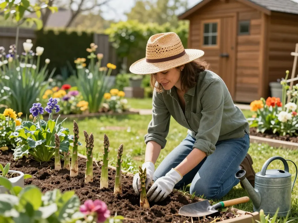 Discover how to spargel pflanzen kaufen in a vibrant garden setting with seedlings and tools.