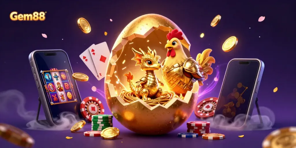 Engage with Gem88's thrilling golden gaming adventure featuring a baby dragon and vibrant casino elements.