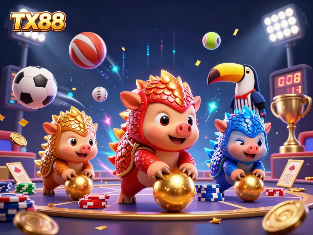 TX88 pangolins competing in a dynamic casino scene, showcasing vibrant sports elements and energy.