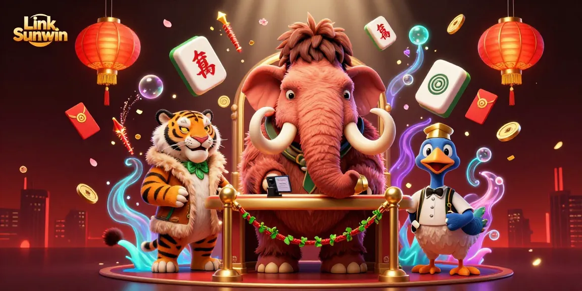 Engage with Link Sunwin in a vibrant 3D casino scene featuring unique characters and colorful decorations.