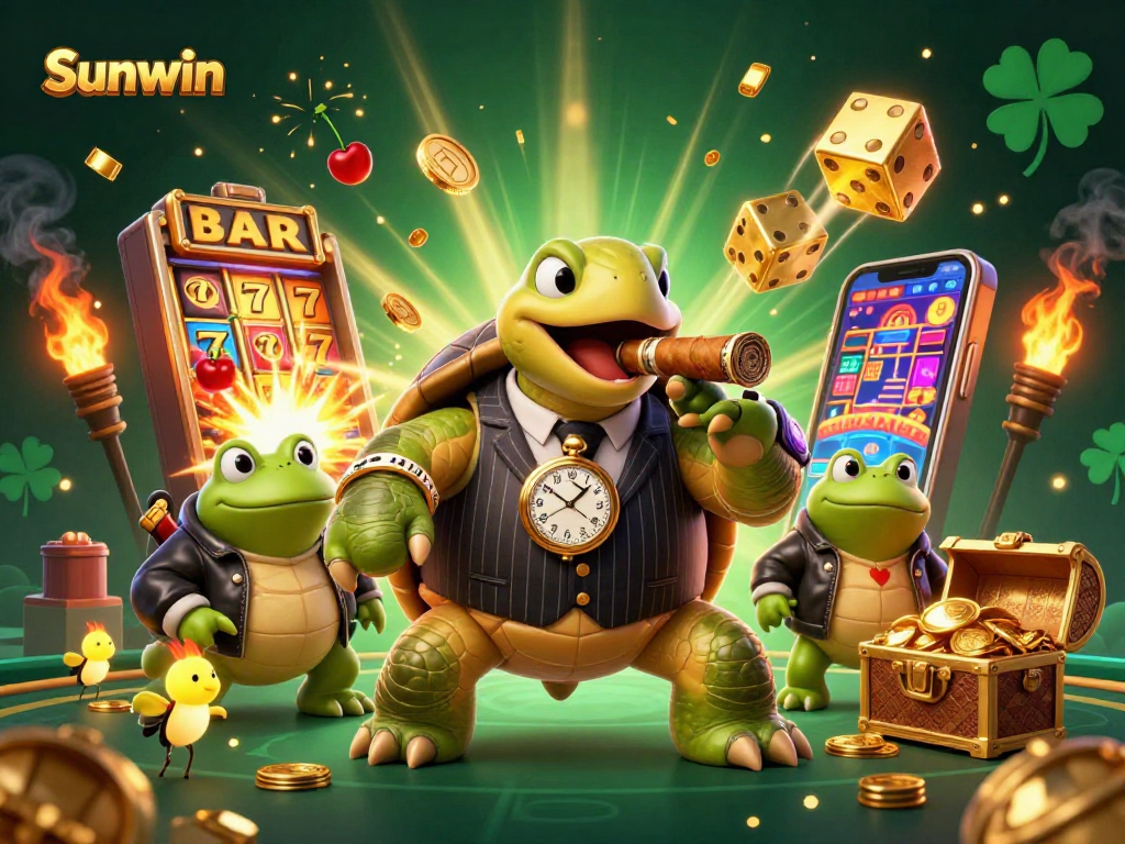 Experience the excitement of Sunwin with a lively casino scene featuring cartoon characters and dynamic elements.