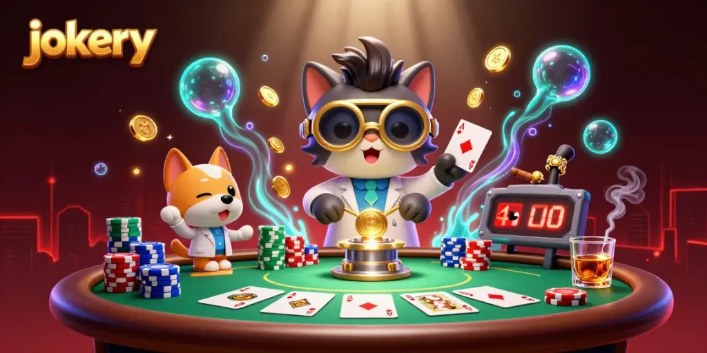 Experience jokery action with a lively 3D scene of a mad scientist cat creating gold coins amidst poker elements.