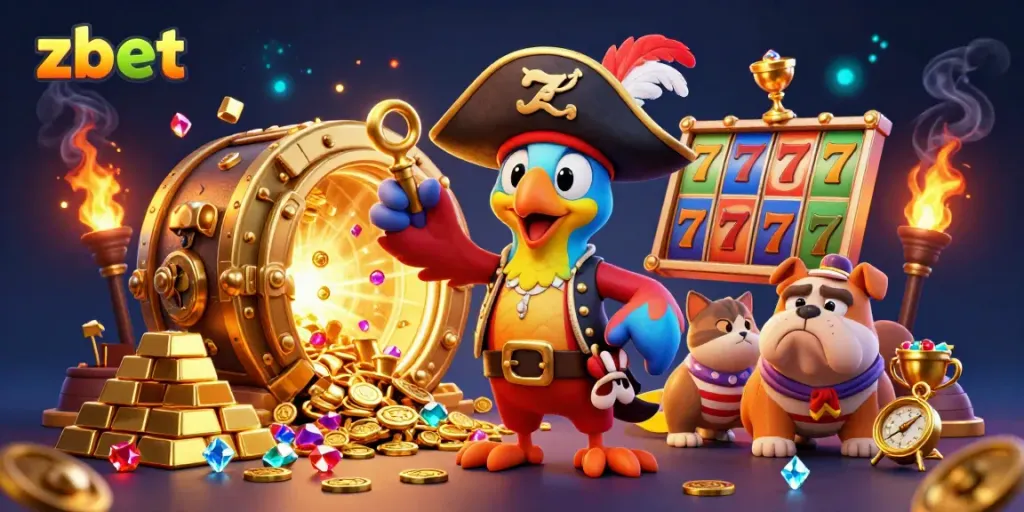 Zbet offers vibrant gaming experiences with slot machines, treasure, and characters in an adventurous setting.