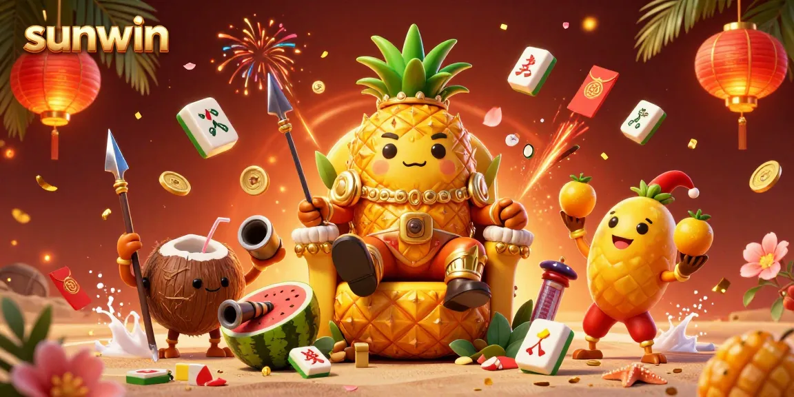 Experience vibrant gameplay with sunwin's golden pineapple king amidst a lively casino celebration.