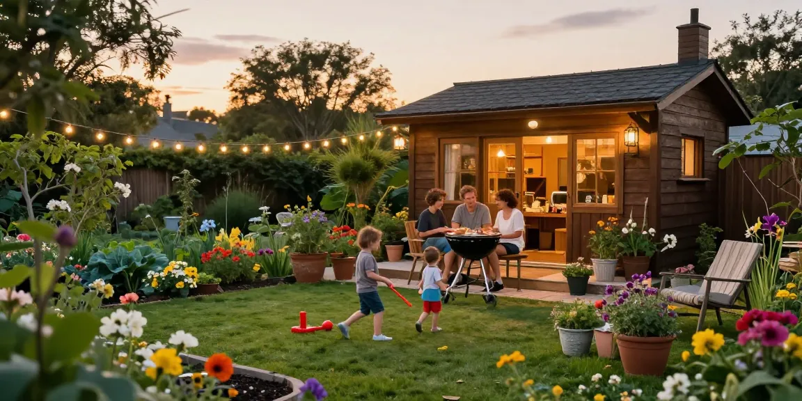 Gartenhäuser im Garten mit Familie beim Grillen und Spielplatzszene