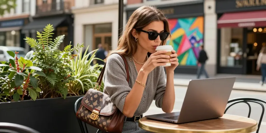 Stylische Frau genießt ihren Tag in der Stadt bei www.lady-lifestyle.de mit Kaffee und Laptop im Café.