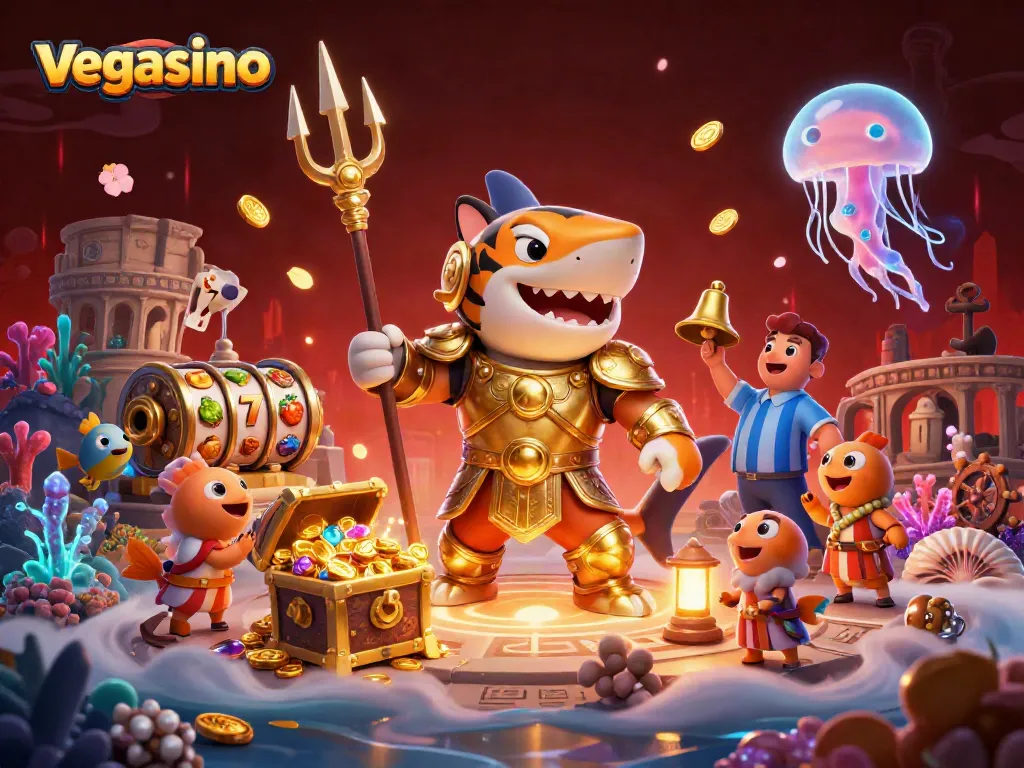 Spin and win at vegasino, featuring a thrilling tiger shark in a colorful underwater casino scene.