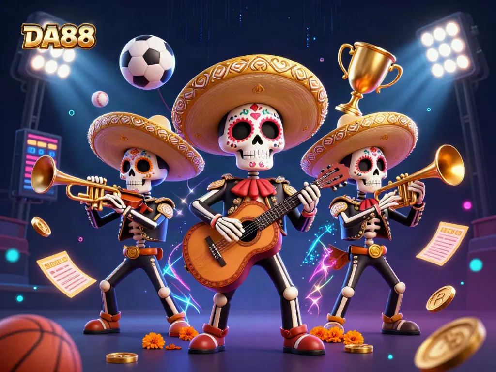 Engage with thrilling betting experiences at DA88, featuring vibrant Day of the Dead skeletons in a lively casino setting.