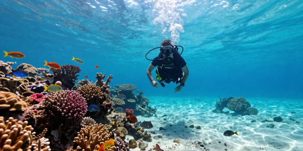 Taucher im klaren Wasser von Playa del Carmen, deep dive mexico Erlebnisse erkunden die bunten Korallenriffe.
