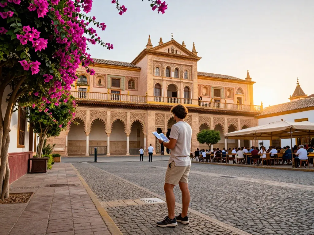 Reisetipps Sevilla für Reisende im Real Alcázar zur goldenen Stunde, die kulturelle Abenteuer und historische Schönheit zeigen.
