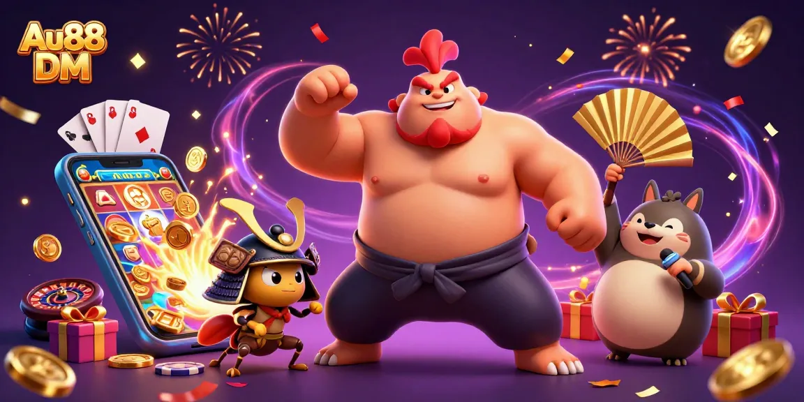 Engage with exciting gaming action at Au88 DM featuring a powerful sumo wrestler and a fierce cricket.