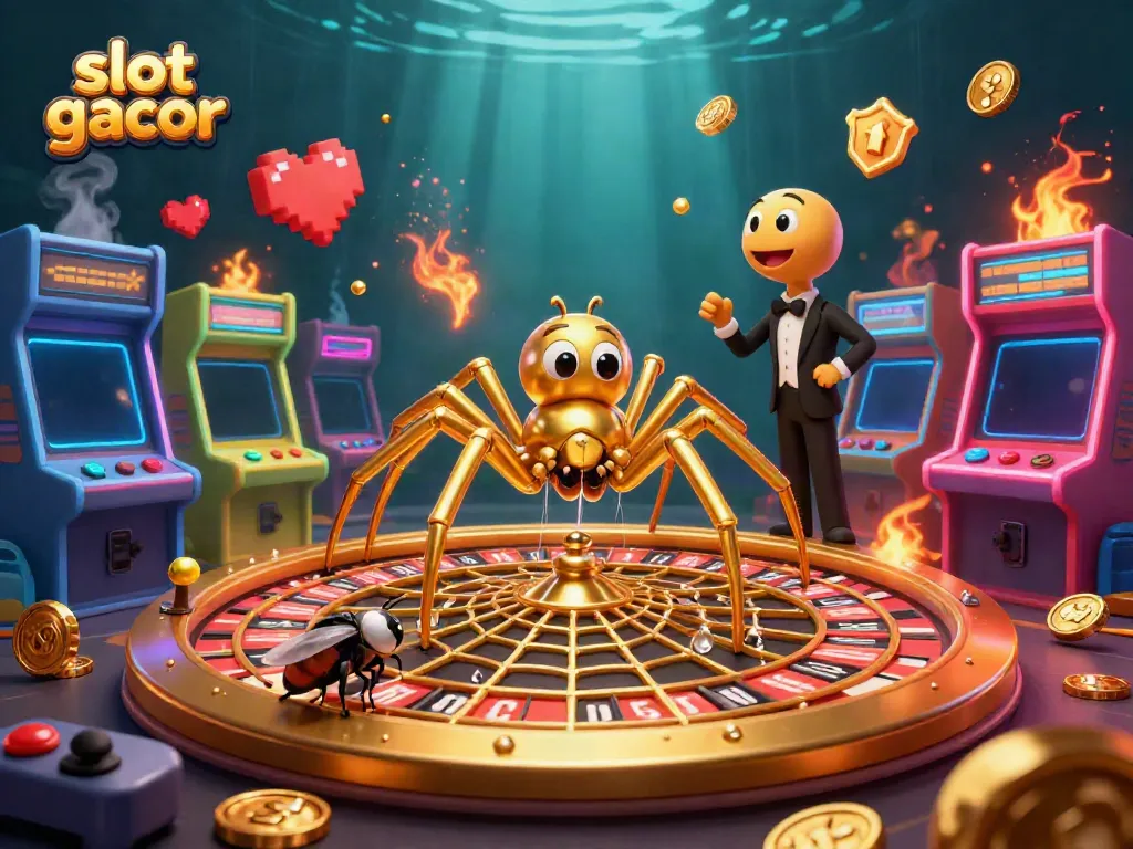 Experience thrilling wins with slot gacor in a vibrant casino scene featuring animated characters.
