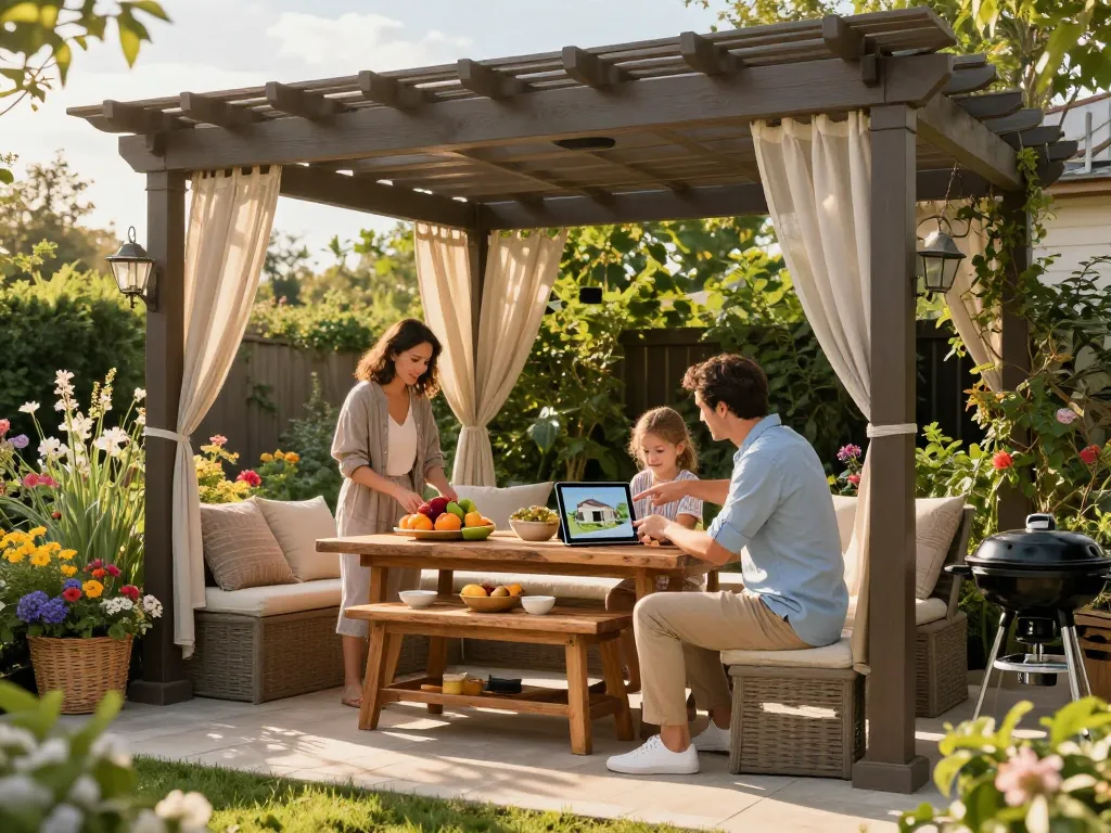 Familie genießt eine Pergola 3D-Konfiguration auf einer sonnigen Terrasse mit digitalem Tablet.