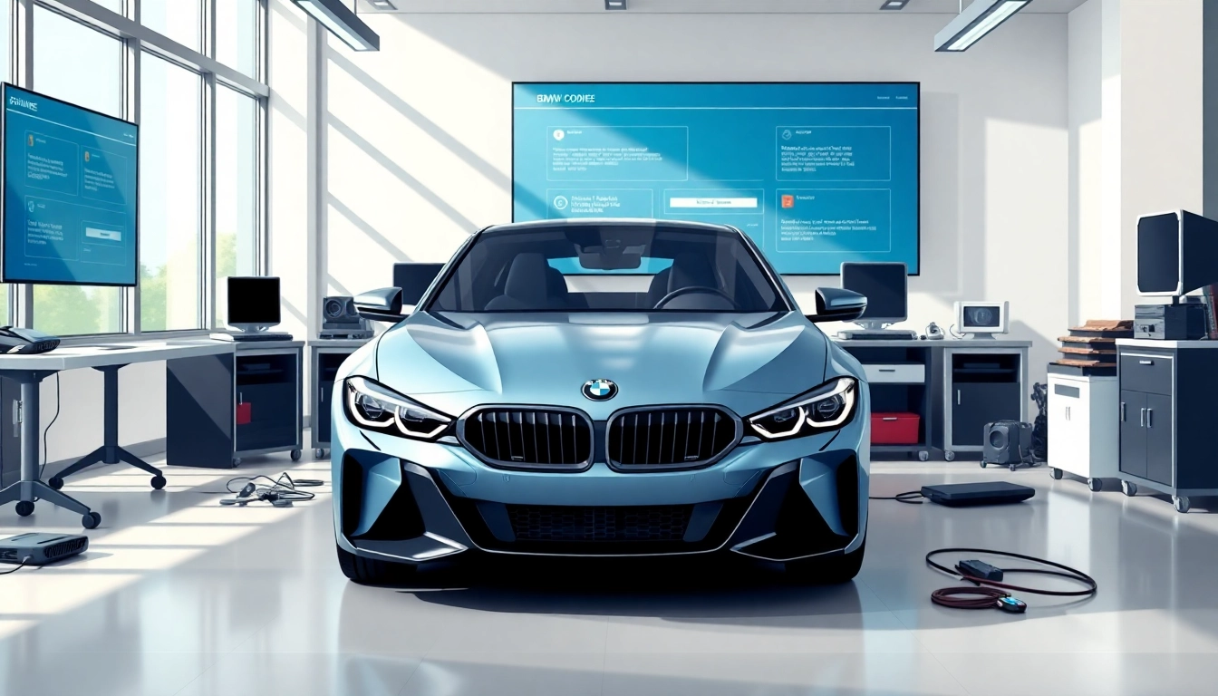 Effiziente BMW Codierung in einer modernen Werkstatt mit einem BMW-Fahrzeug und hochwertiger Ausrüstung.