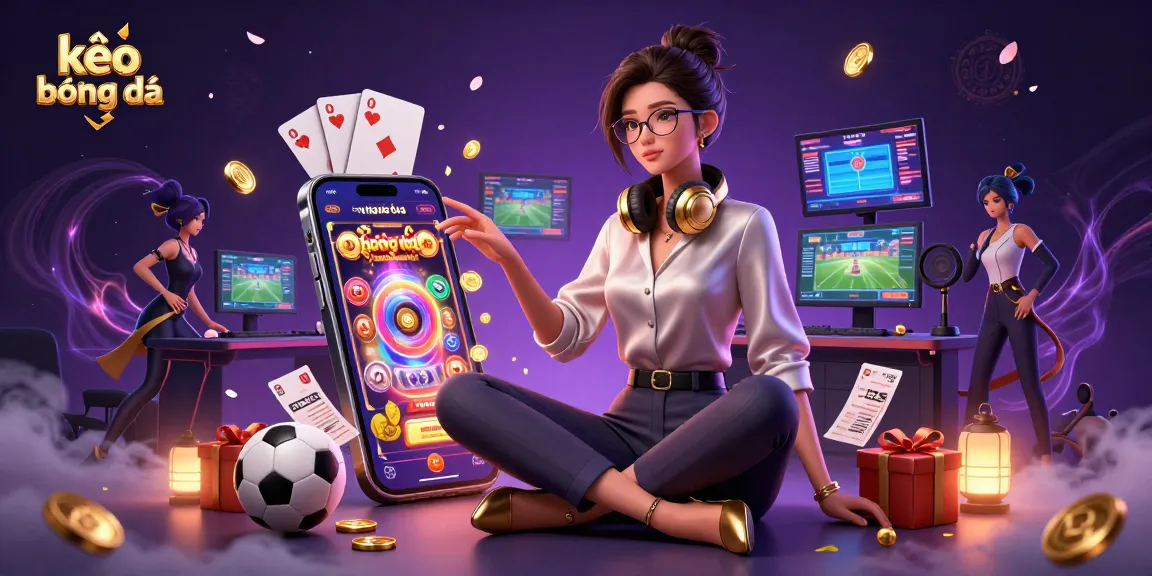 Engage with kèo bóng đá insights and sports betting strategies in a vibrant 3D scene filled with dynamic casino elements.