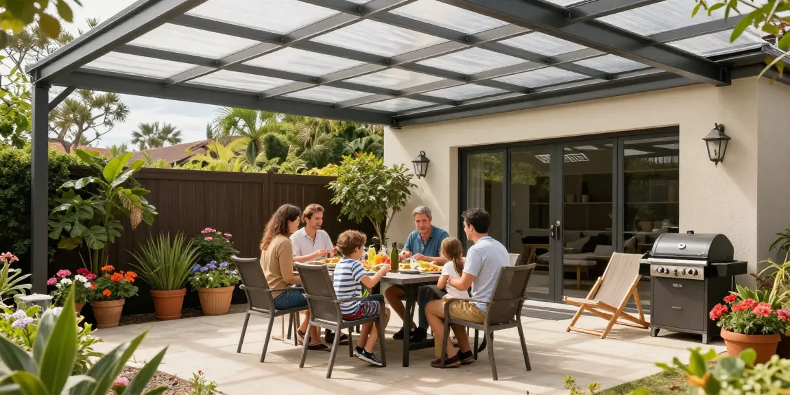 Familie genießt unter einer Terrassenüberdachung entspannte Zeit im Garten.