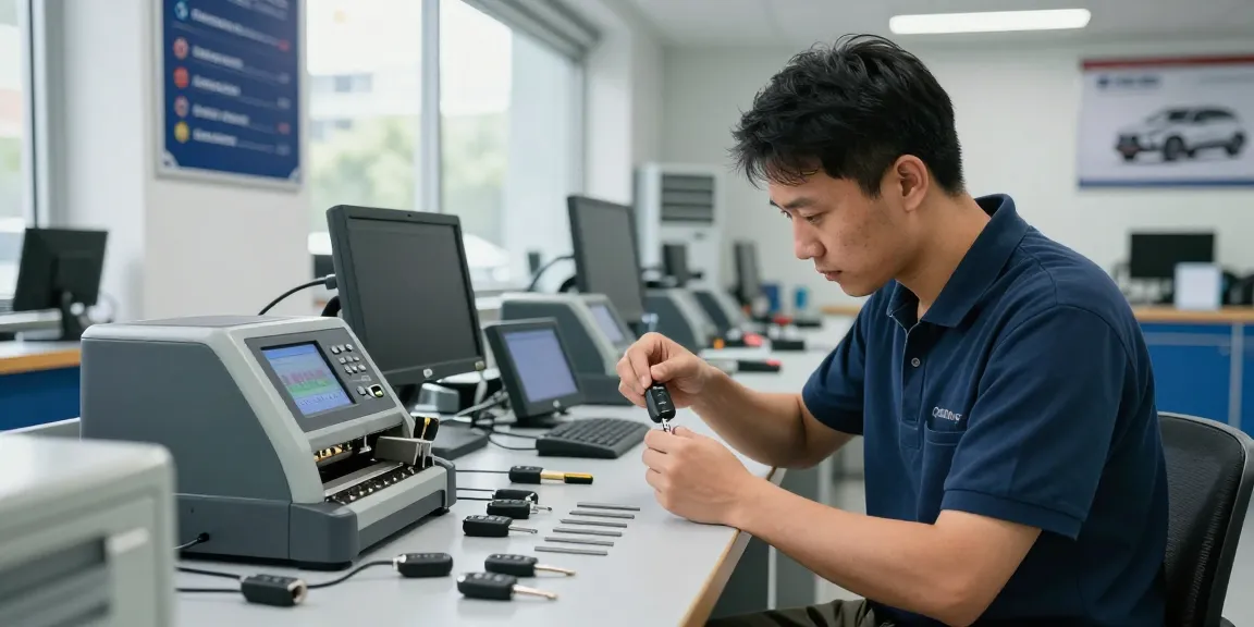 Autoschlüssel nachmachen in einem professionellen Schlüsseldienst, Schlüsselkopiermaschine und Werkzeuge sichtbar