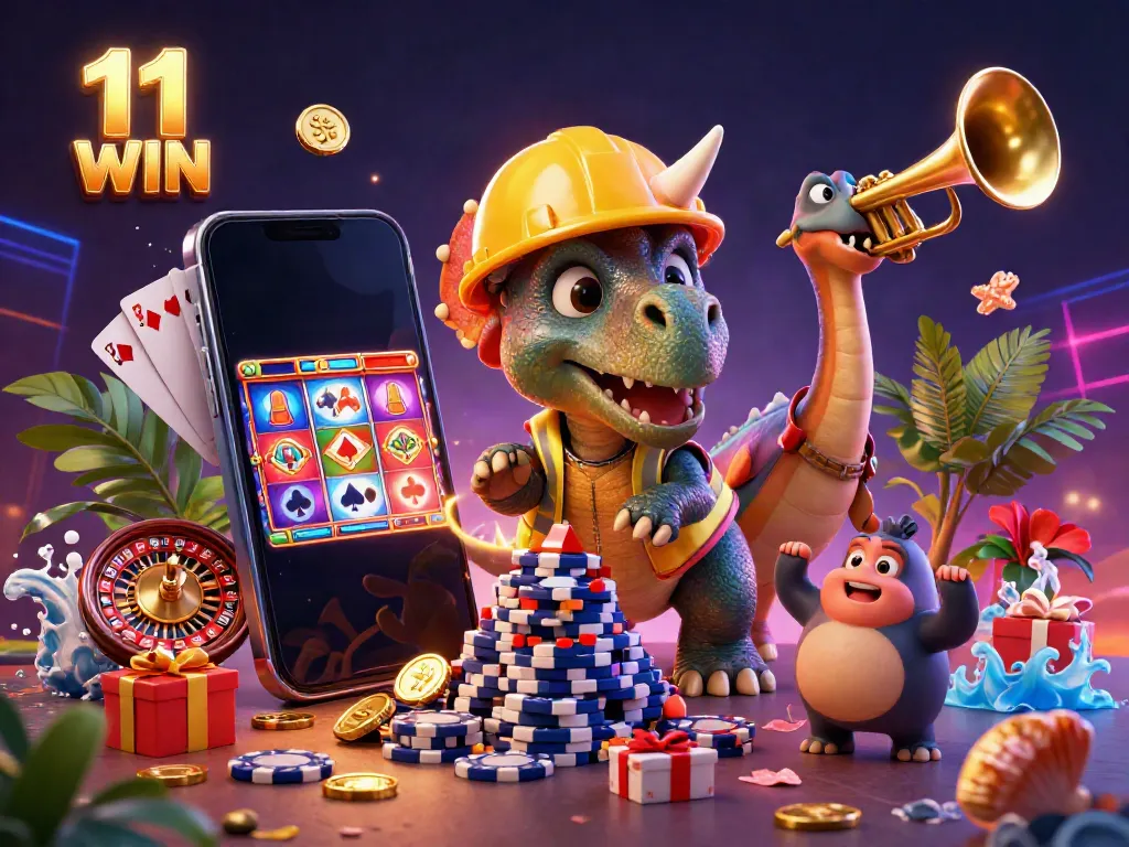 Join the celebration at 11 WIN with a triceratops surrounded by casino game excitement.