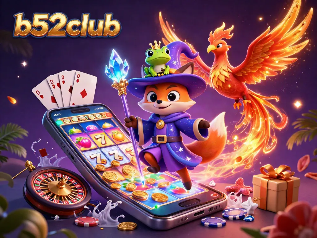 b52club showcases a mystical wizard and phoenix amidst vibrant casino elements for an enchanting gambling experience.