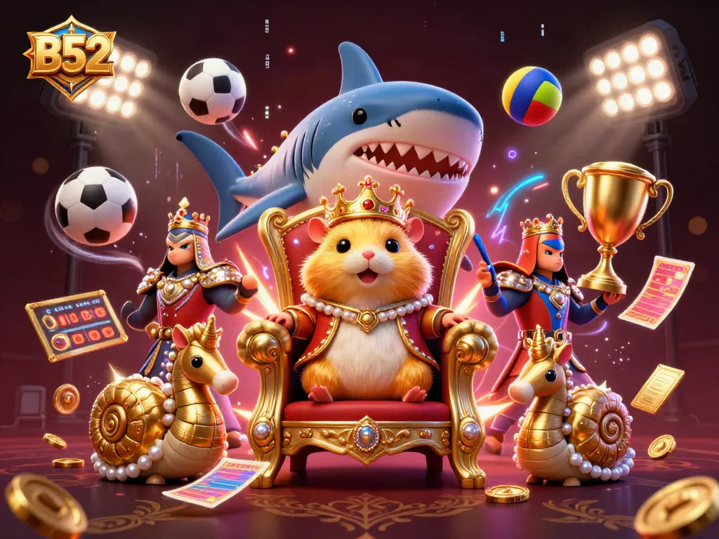 B52 theme illustration with a hamster king and sports betting elements for casino excitement