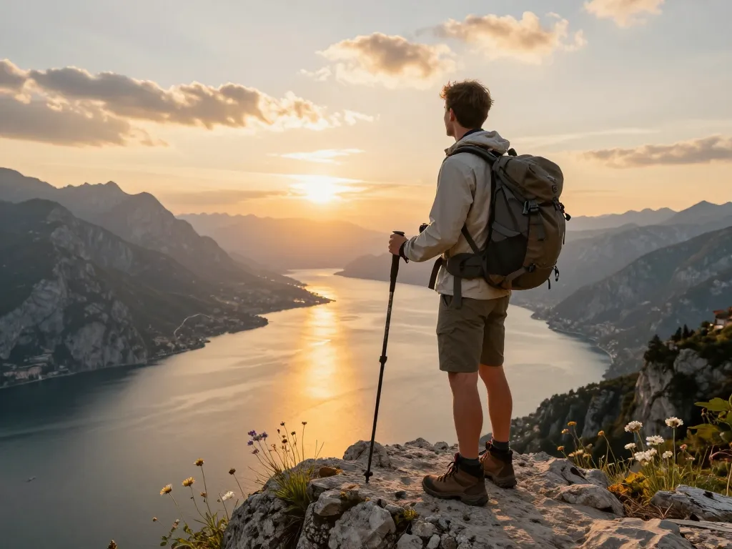 Wunderschöner Blick auf den Gardasee bei Sonnenuntergang mit Reisendem, der Gardasee Reisetipps erlebt