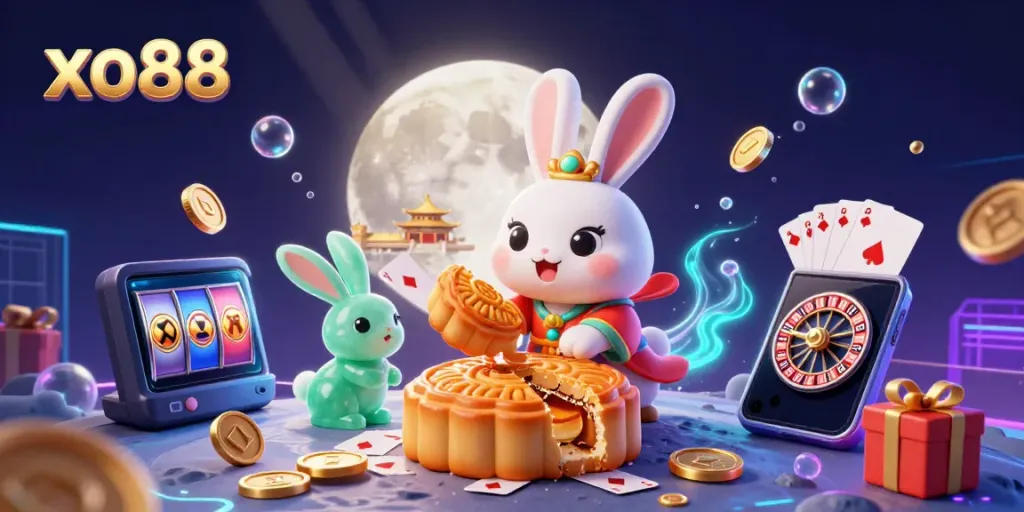 Experience exciting gaming with xo88 in this vibrant casino scene featuring a moon rabbit and gaming elements.