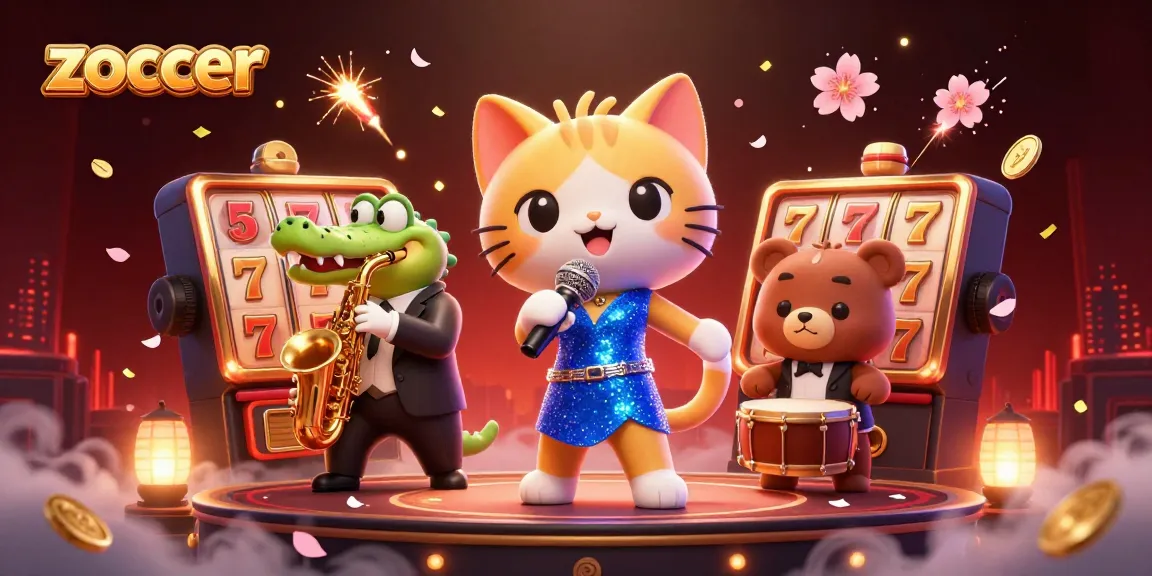 Zoccer casino illustration featuring a jazz-singer cat and vibrant game elements for an engaging experience.