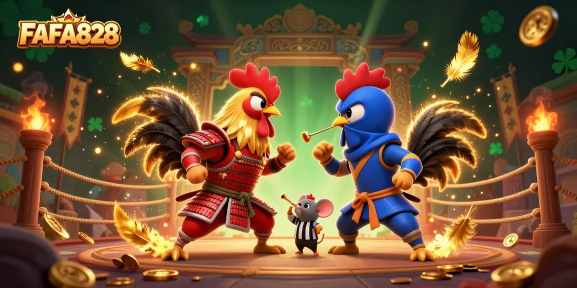 FAFA828 features a thrilling standoff with fighting roosters in a vibrant casino arena