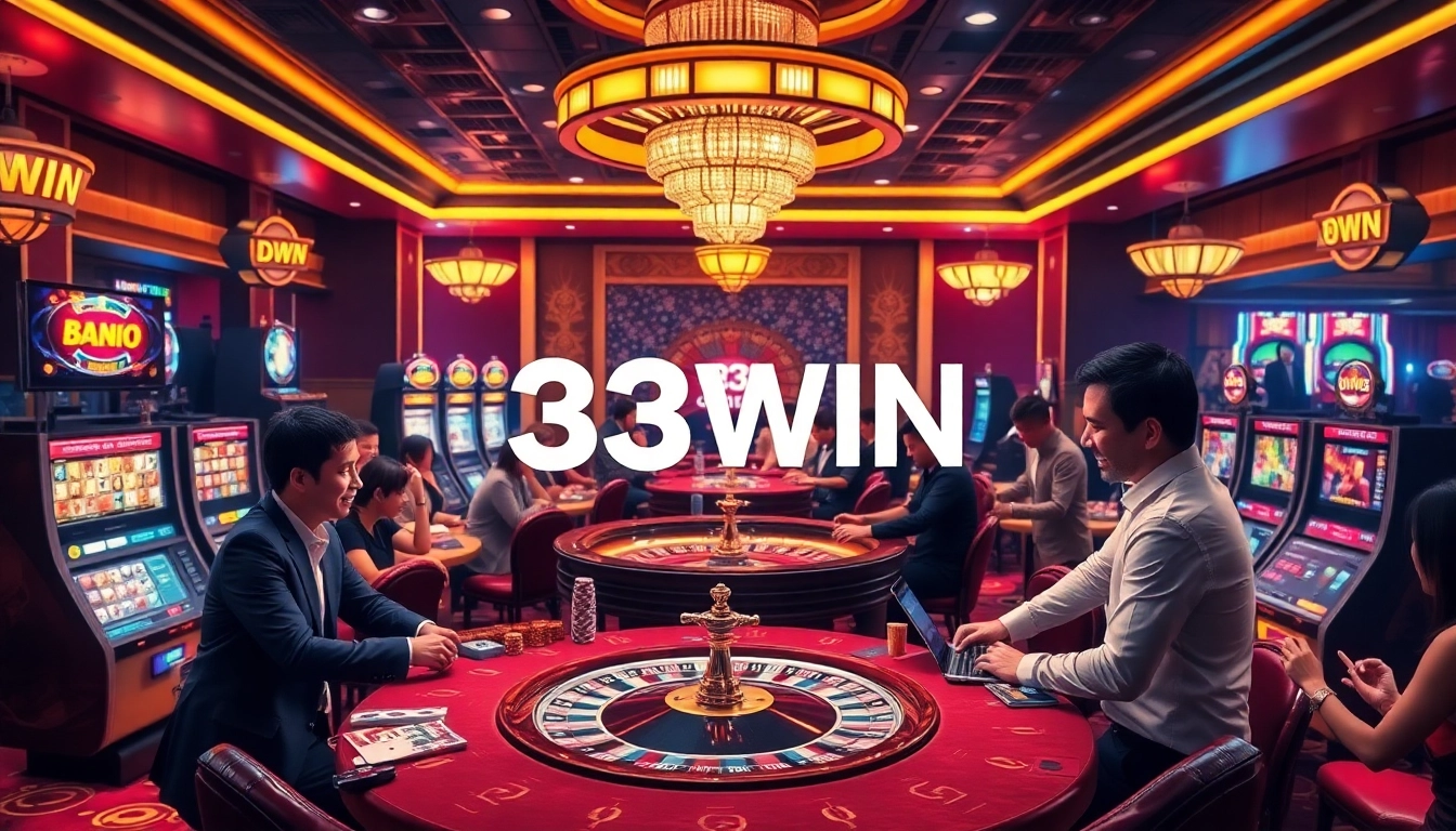 Engaged players at high-stakes tables in a luxurious 33WIN casino scene, showcasing excitement and professionalism.