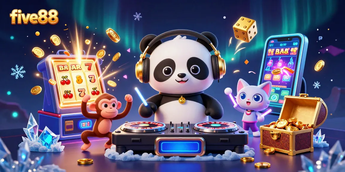 Engage with five88's vibrant 3D casino world featuring a DJ panda amidst a jackpot celebration.