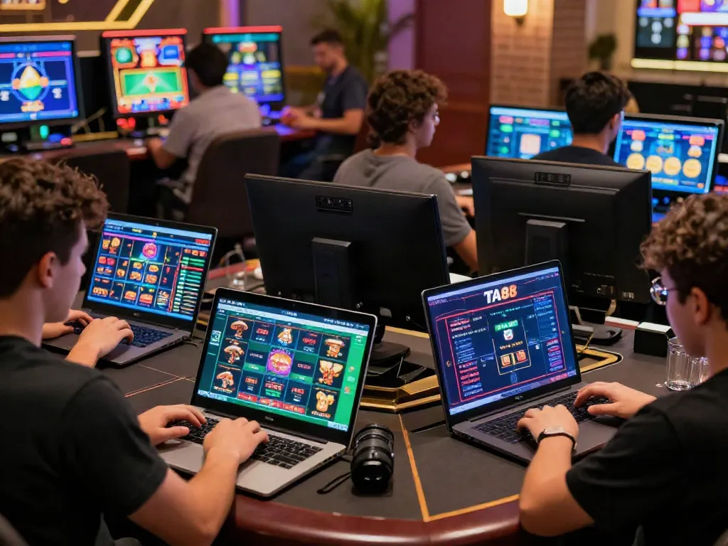 Engaged players enjoying the TA88 online gambling platform on multiple devices.