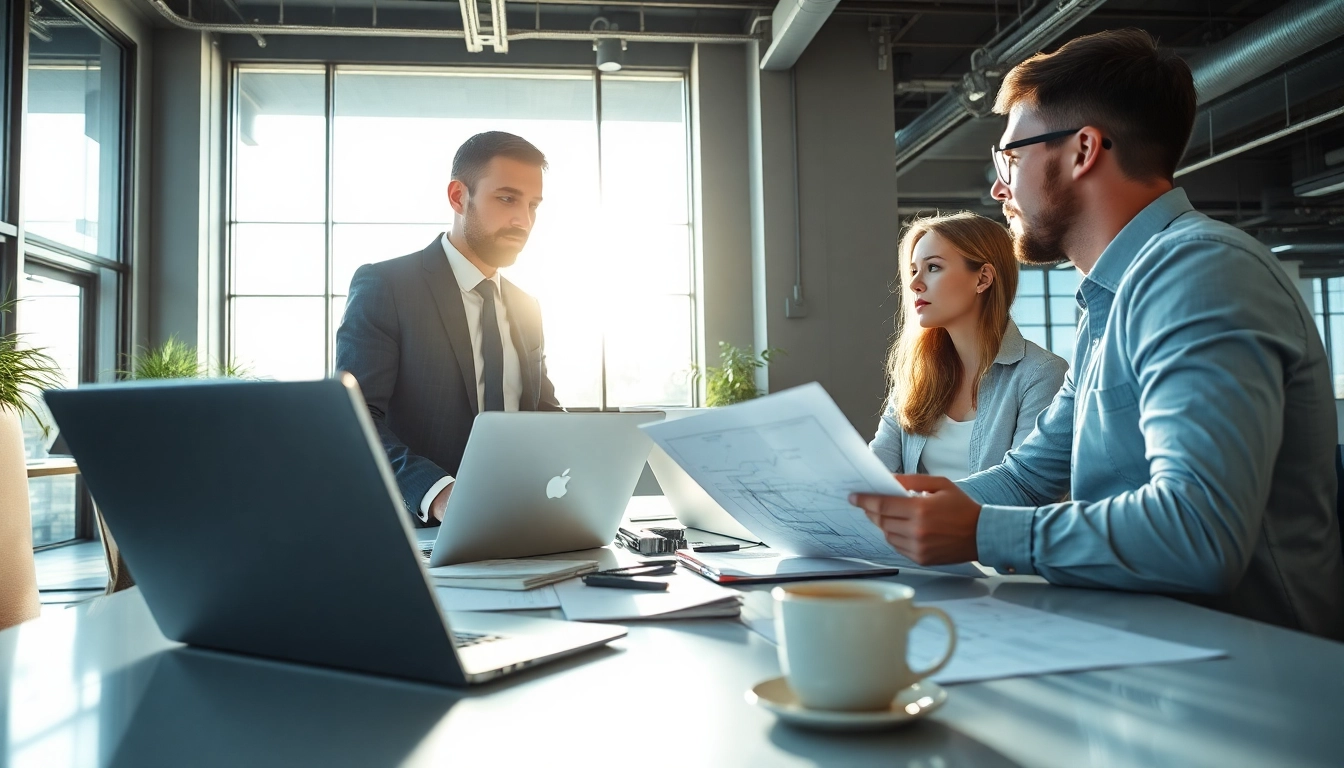 Headhunter Ingenieure arbeiten in einer modernen Büroumgebung, umgeben von Technologie und Plänen.