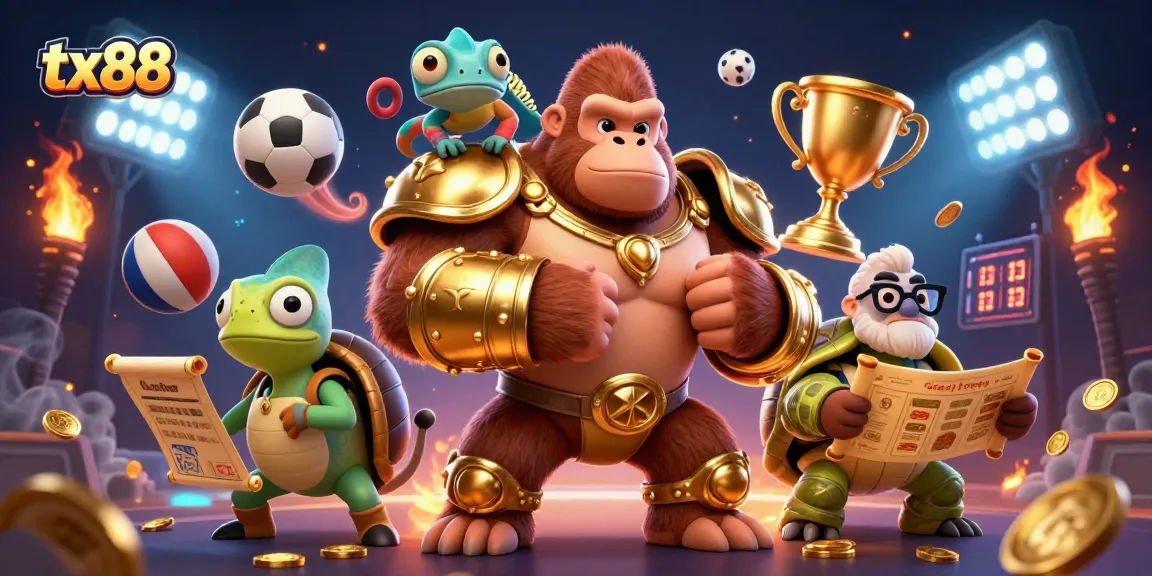 Betting adventure at tx88 with a gorilla king, chameleon, and tortoise surrounded by sports elements.