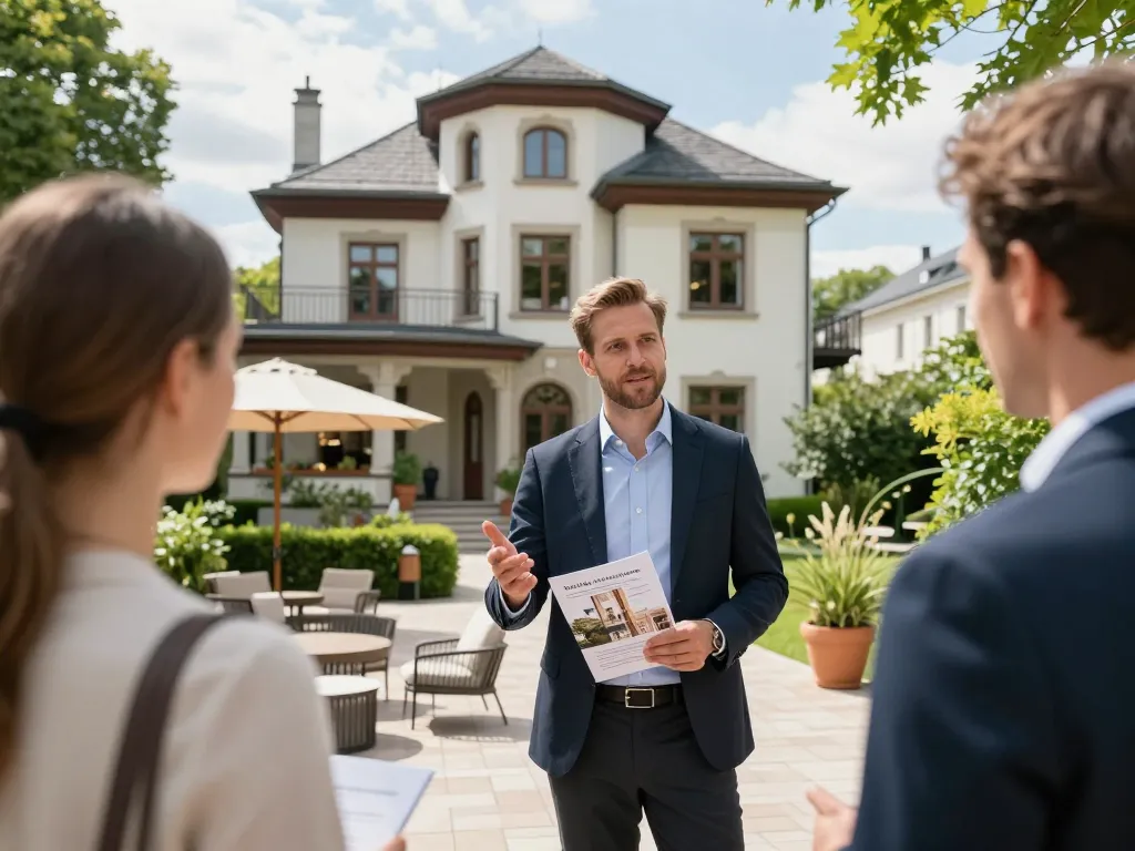 Immobilienmakler Frankfurt Dornbusch zeigt eine charmante Altbauvilla mit Käufern, die die Immobilienmerkmale besprechen.