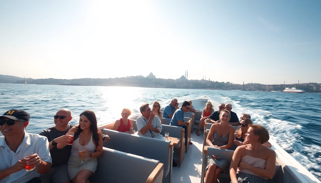 Bosphorus daytime cruise with scenic views of Istanbul's skyline and happy passengers.