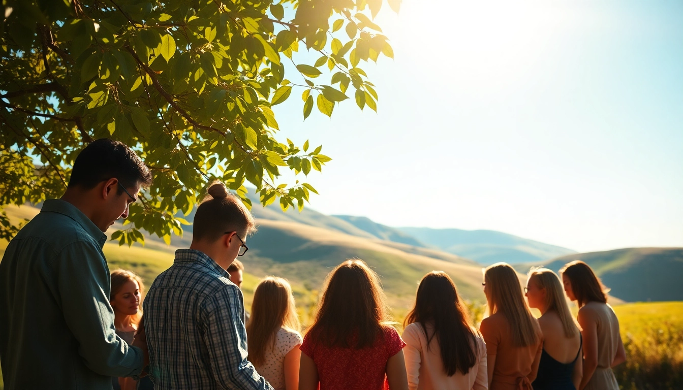 Menschen sprechen ein Schutzgebet in der Natur, eingebettet in eine friedliche Atmosphäre.