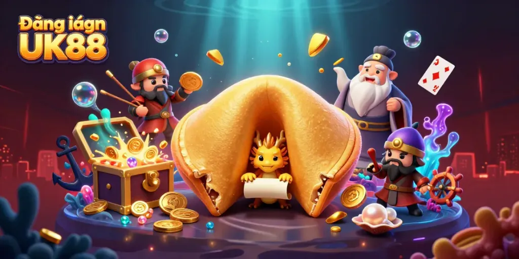 Experience the thrill of Đăng nhập UK88 with an enchanting dragon, fortune cookie, and gold treasures.