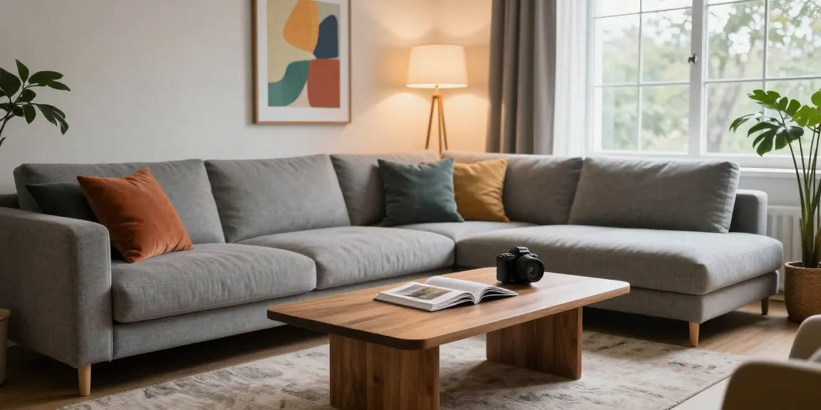 Schönes Wohnzimmer mit gemütlichem Sofa und stilvoller Dekoration, ideal für Möbel kaufen.