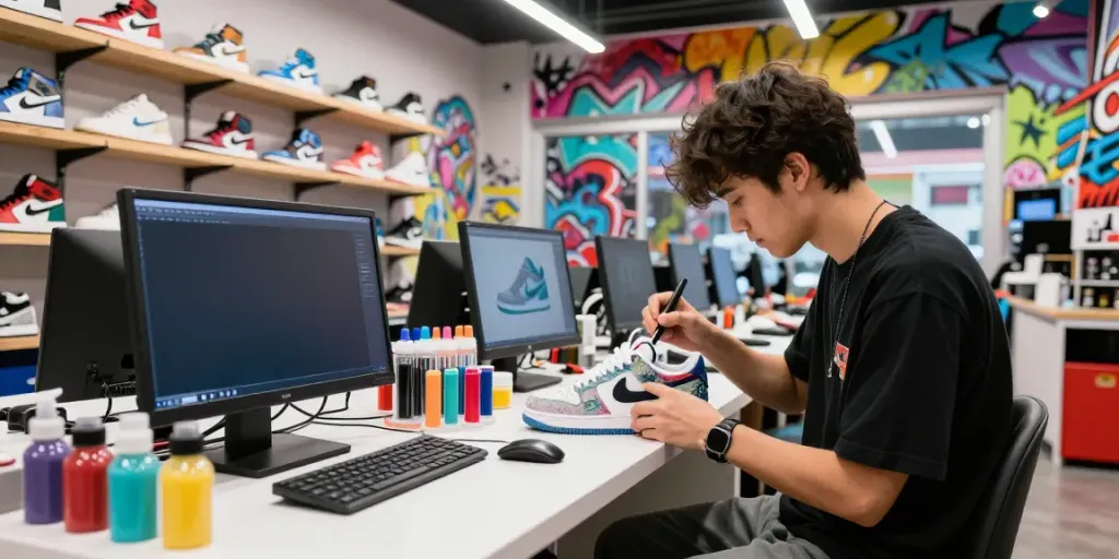 Person personalisiert einen Custom Sneaker in einem modernen Sneaker-Shop.