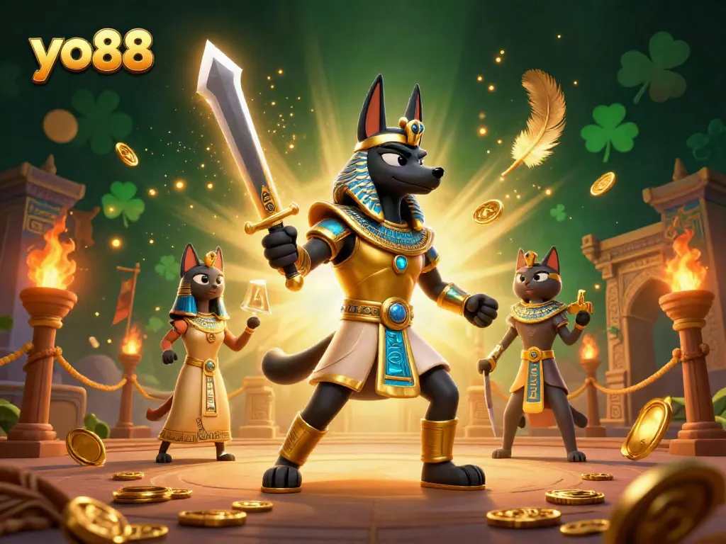 yo88 gaming scene with Anubis and Bastet in a dynamic 3D casino illustration